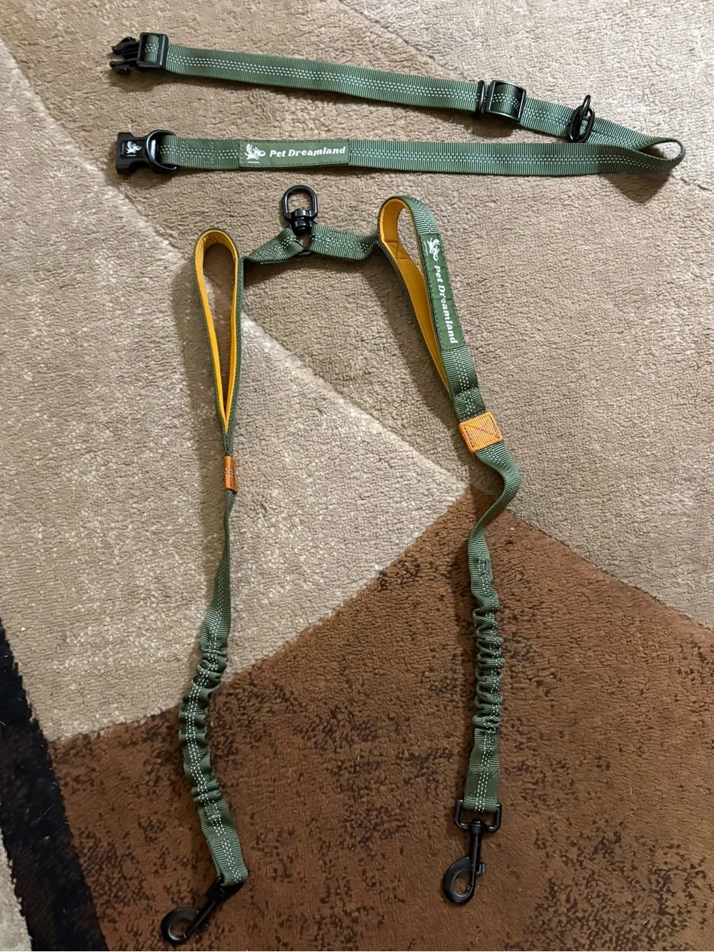 Olive Green & Orange Hands-Free Walk 2 Dogs Leash